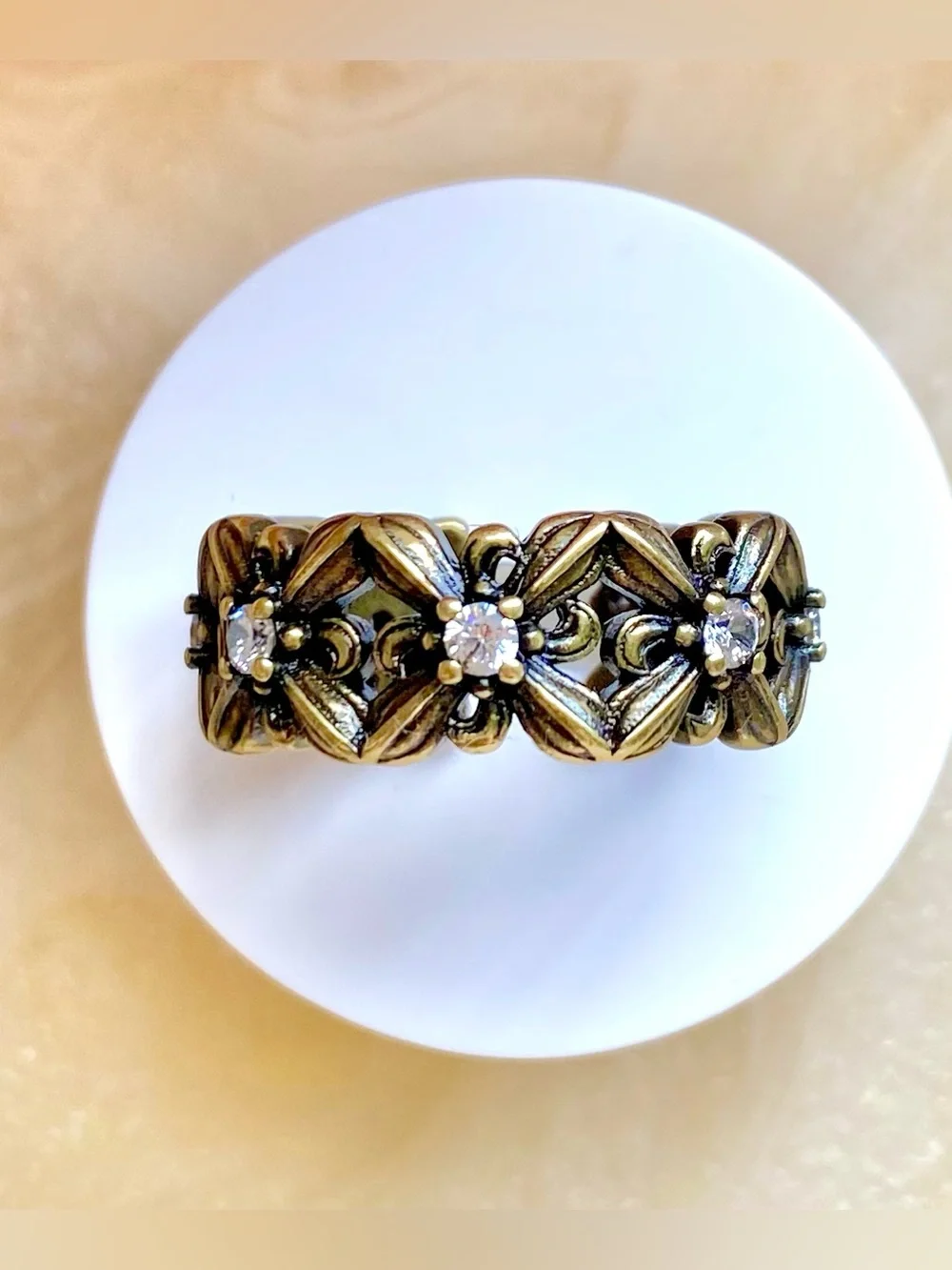Antique-Style Gold Floral CZ Band Ring